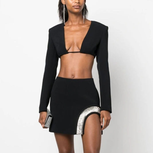 Black sexy V-neck long-sleeved crop top diamond mini skirt 2-piece set for women