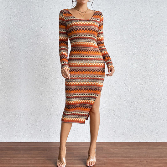 Women's Geometric Print Dress Square Neck Long Sleeve Slit Knitted Dresses