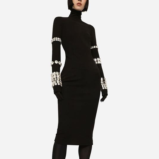 Studded Crystal Black High Neck Long Sleeve Bodycon Dress for Women