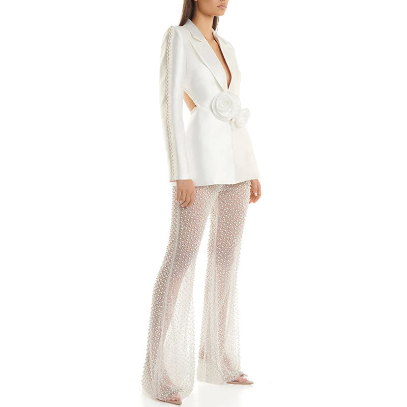 2024 New Women's Suit Set Pearl Hollow Jacket and Mesh Pants 2-piece Sexy Suit