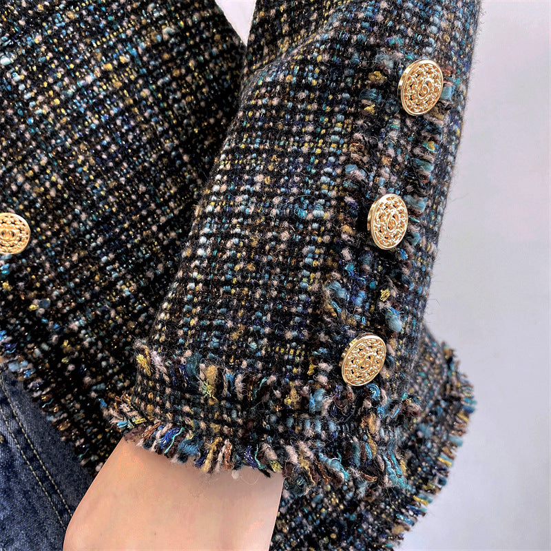 Women's Vintage Open Front Round Neck Fringed Plaid Tweed Jacket