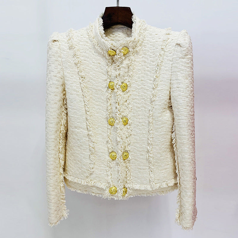 Stand Collar Lion-Button Fringed Tweed Jacket for Women
