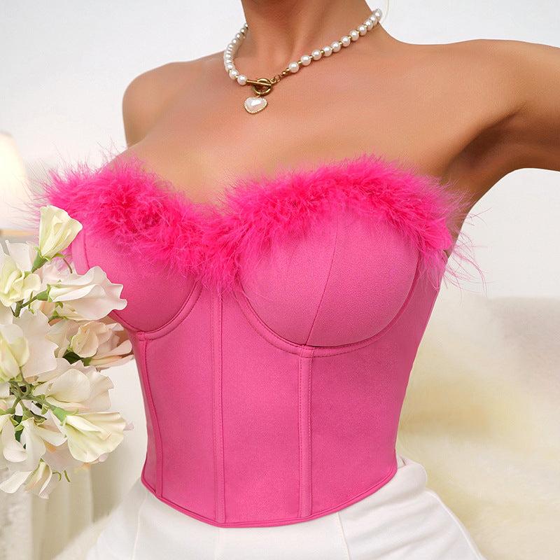 Women's  Faux Fur Crop Top Strapless Tank Top Seleeveless Feather Trim Bustier  Top Pink