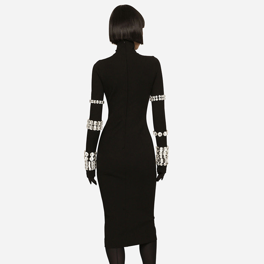 Studded Crystal Black High Neck Long Sleeve Bodycon Dress for Women