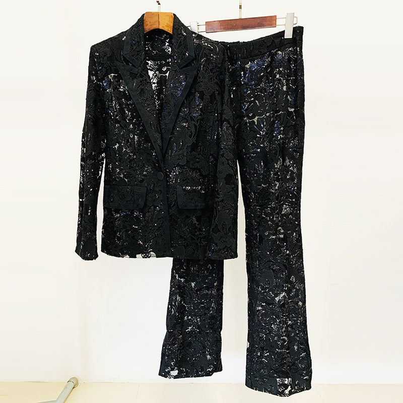 2 Piece Mesh Embroidered Sequin Blazer And trouser Suit