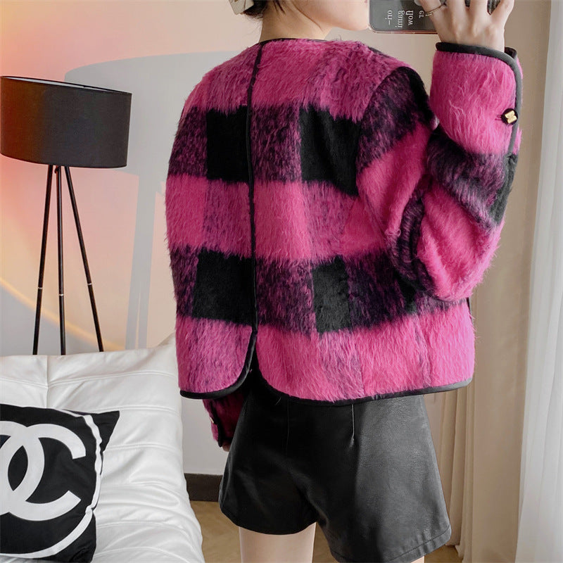 Vintage Contrast Color Plaid Wool Coat Women Autumn Winter Casual Big Pocket Female Pink Short Woolen Outerwear