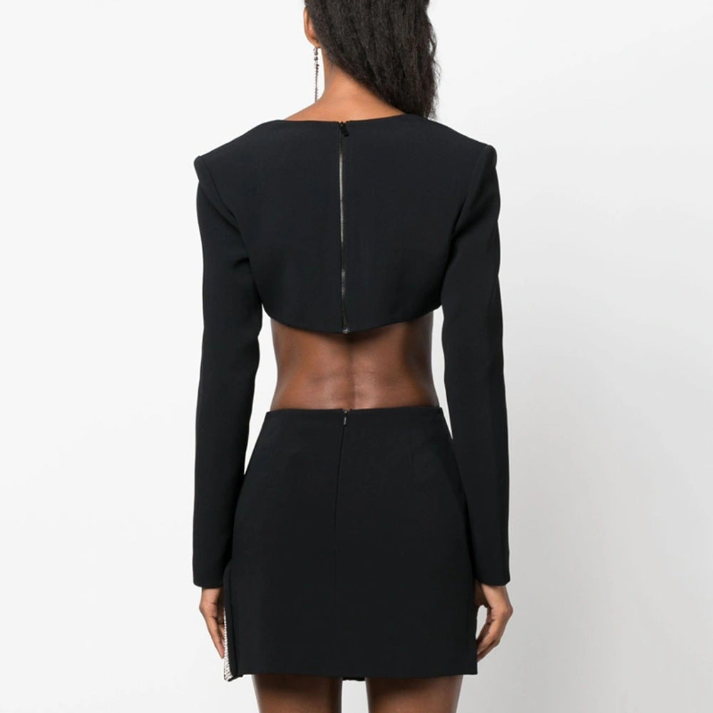 Black sexy V-neck long-sleeved crop top diamond mini skirt 2-piece set for women