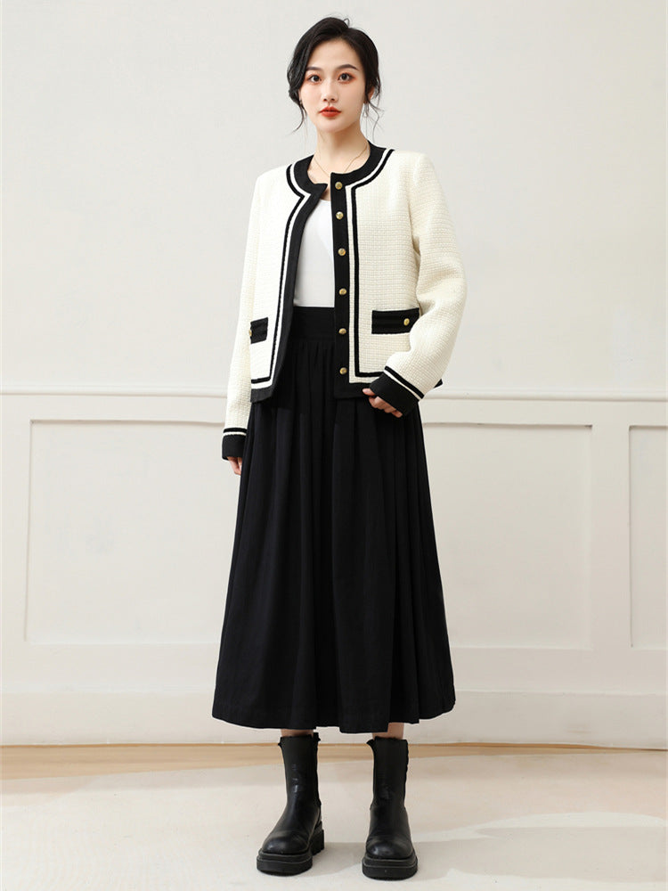 Women's Plaid Tweed Jacket Vintage Color Block Long Sleeve Outwear Tweed Coat