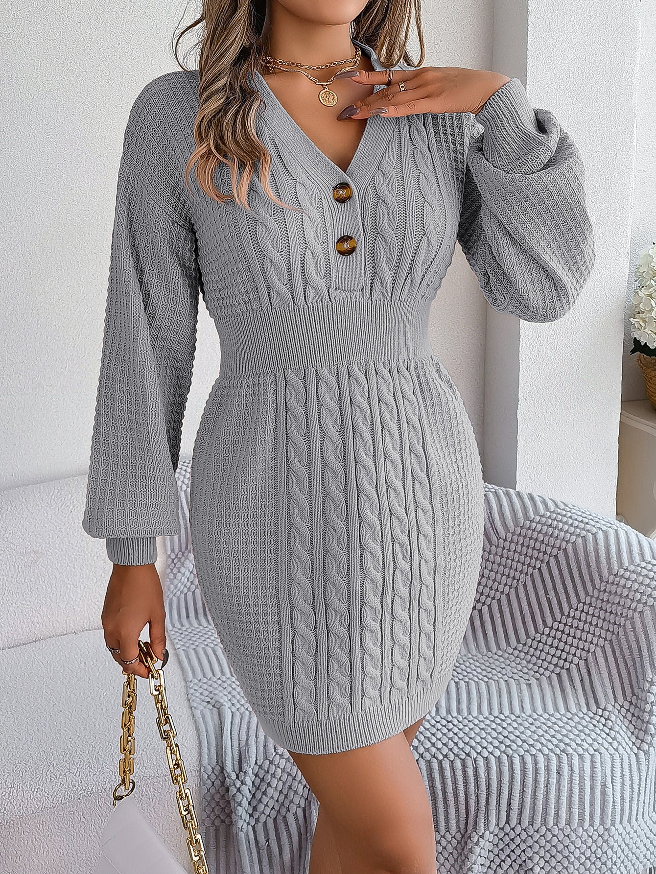 Waisted v-neck long sleeve sweater dress for women