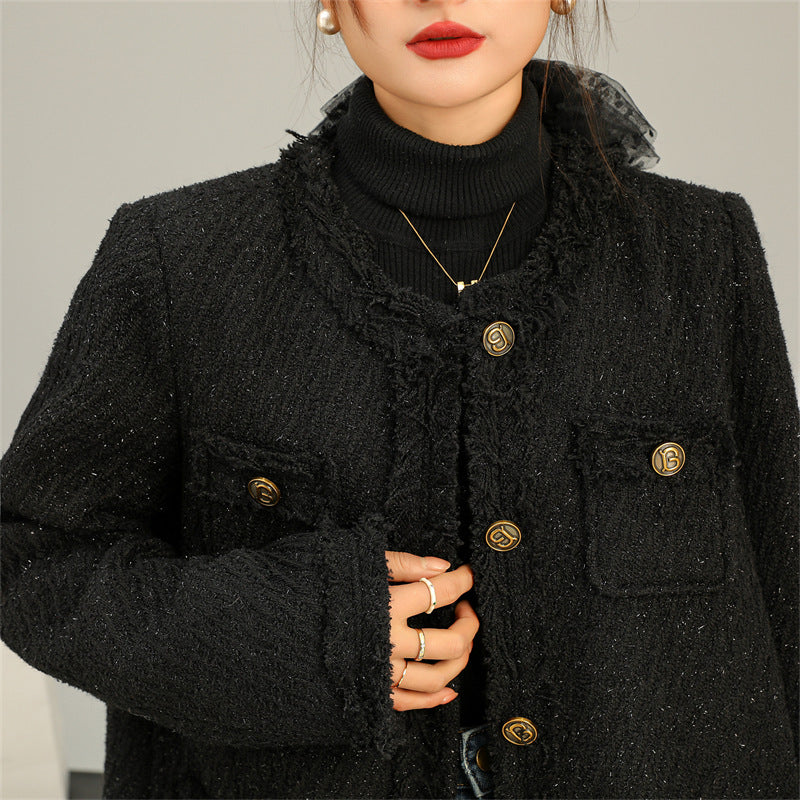 Wool tweed jacket with pockets vintage button tweed down coat women