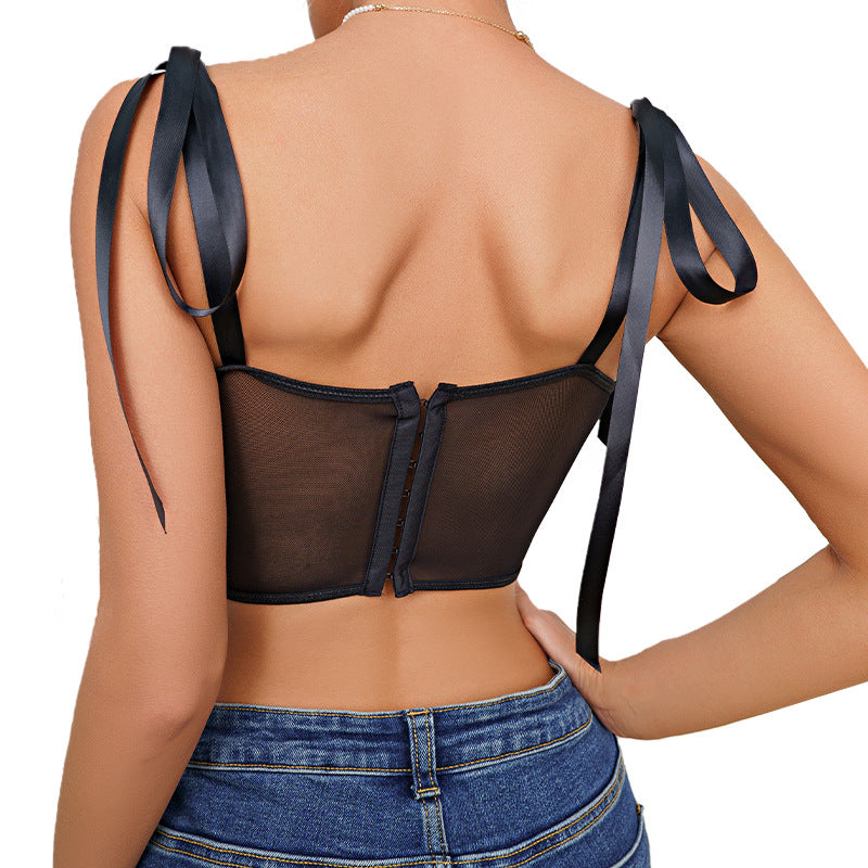 Floral Lace Up Sexy Women's Tank Vest Mesh Sheer Top