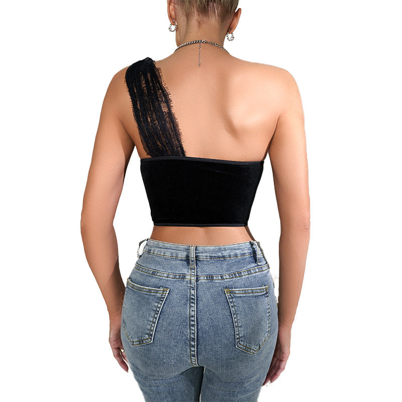 Women Lace One-Shoulder See-Through Sexy Fishbone Corset Slim Waist Vest Crop Top