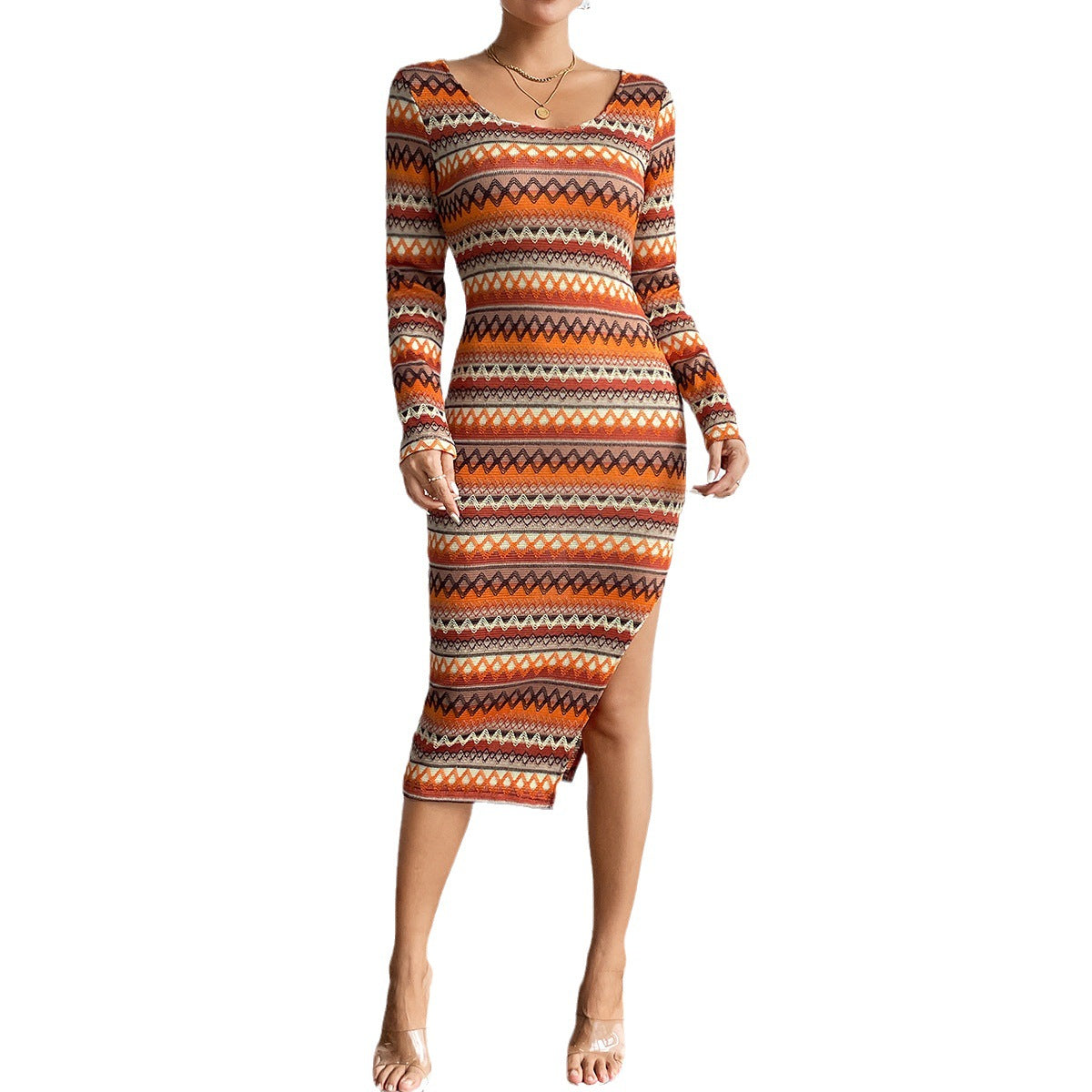Women's Geometric Print Dress Square Neck Long Sleeve Slit Knitted Dresses