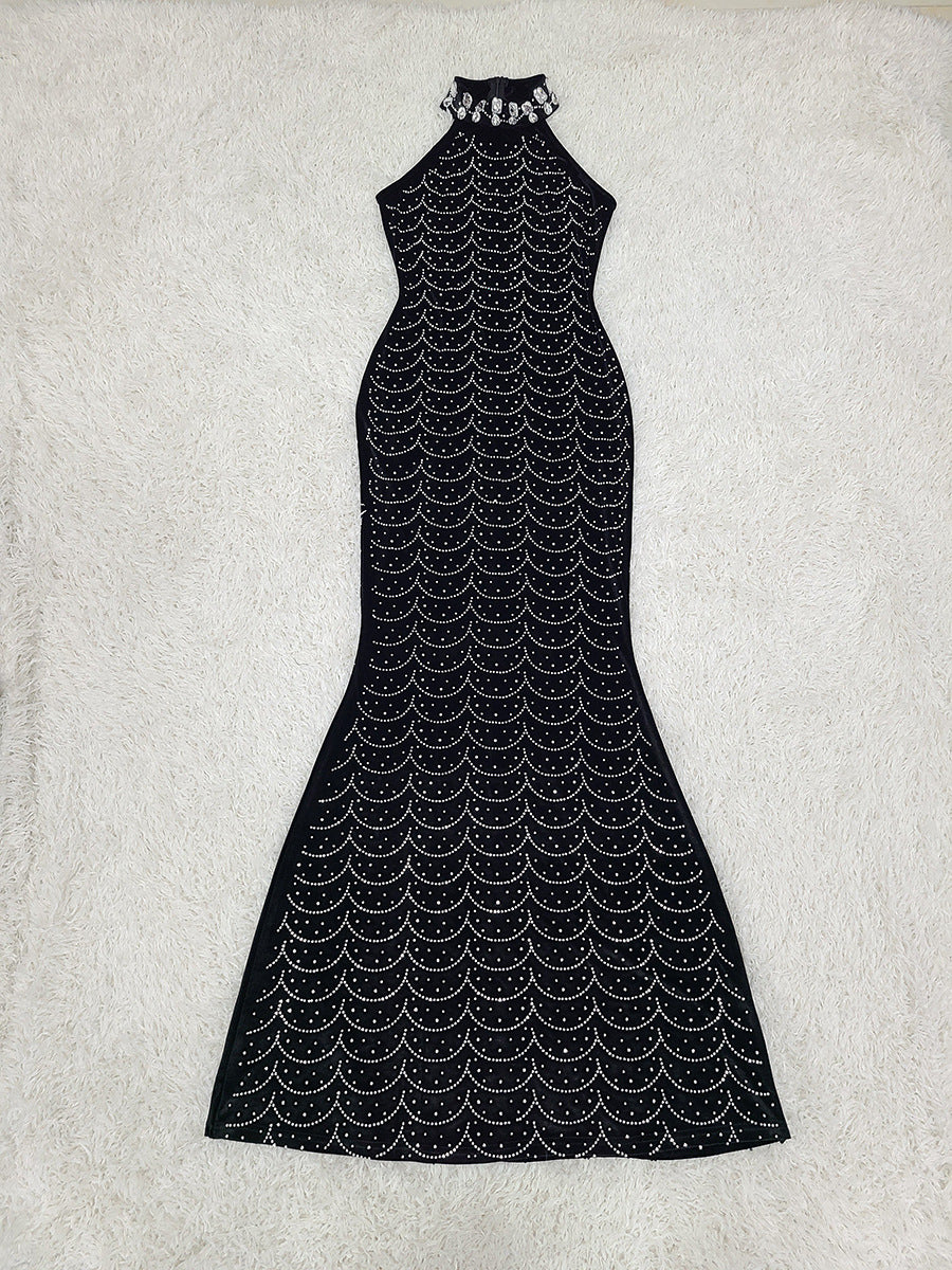 Black Sexy Hot Diamond Crystal Halterneck Dress Long Party Dress for Women