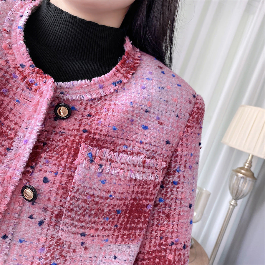 Women's Autumnal Single Breasted Gold Button Tweed Blazer