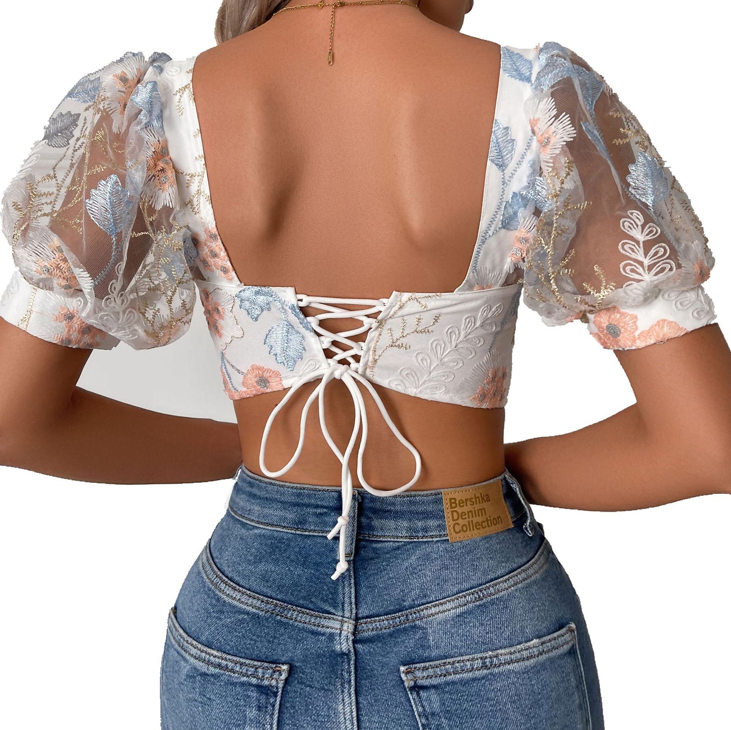 Lace puff sleeve shorts top for women