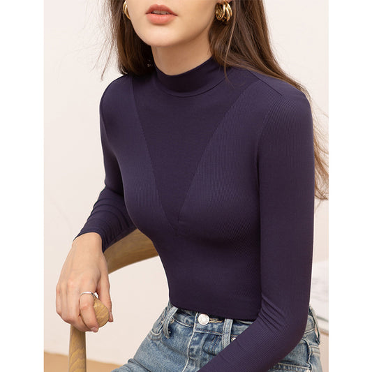 Patchwork Half High Neck Solid Color Long Sleeve T-Shirt