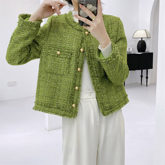 Women's Long Sleeve Cropped Tweed Jacket with Pocket Green