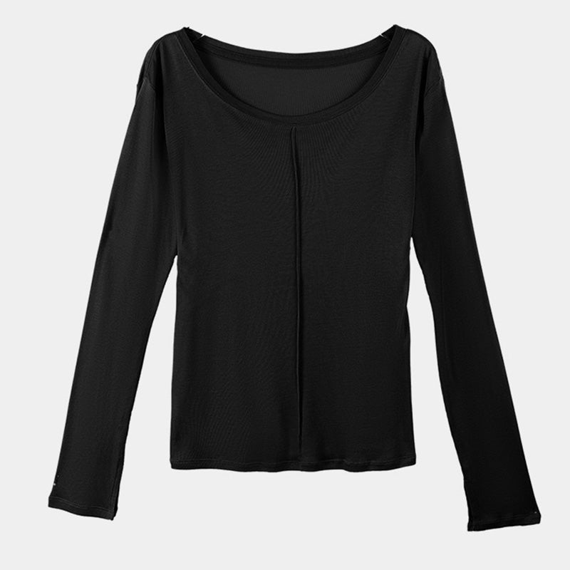 Thin Slit O Neck T-shirt Long Sleeve Top for Women