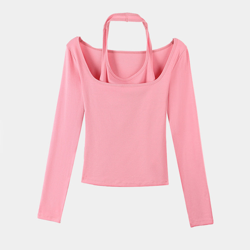 Sexy Hanging Neck Long Sleeve Strapless Bottom T-Shirt Tops
