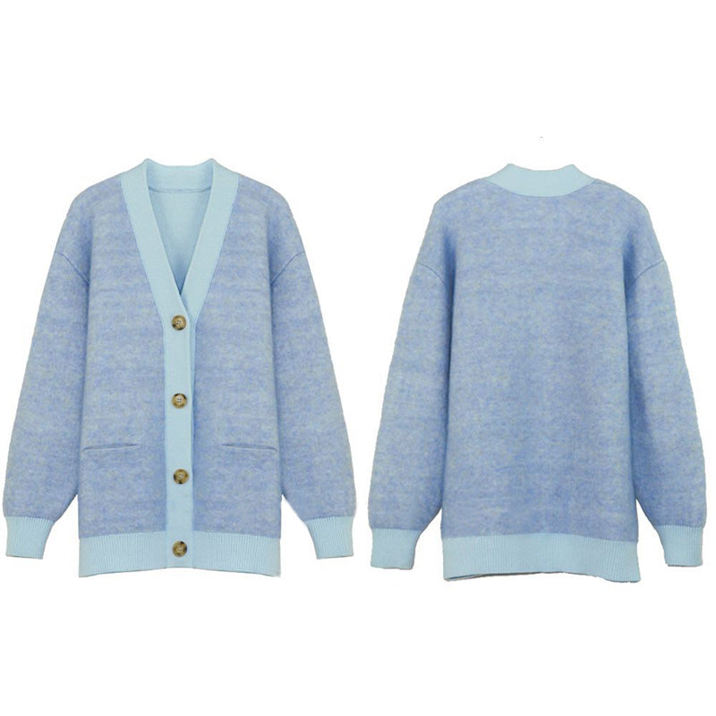 Mohair Loose Jacket Double Layer Knit Thread Patchwork V-Neck Sweater