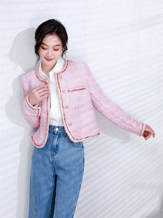 Pink Tweed Jacket for Women Long Sleeve Buttoned Jacket with Pockets