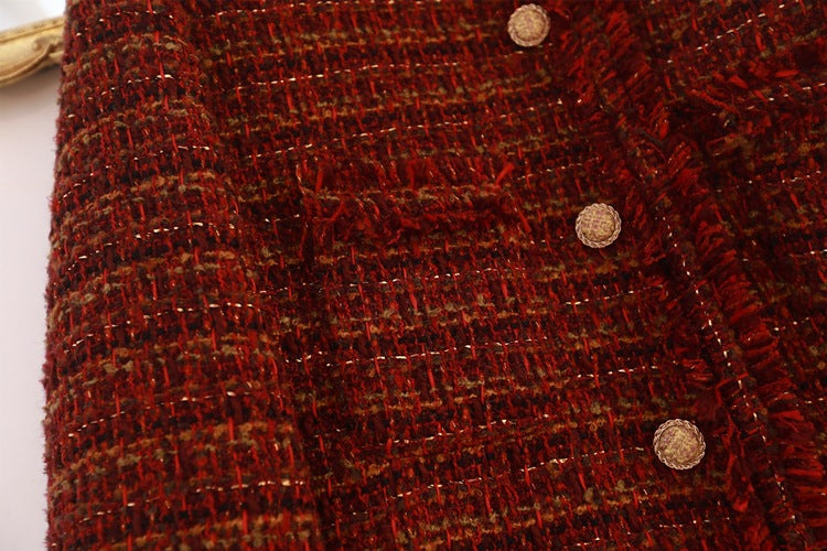 Burgundy Plaid Gilt Jacket Women's Tweed Braided Short Coat