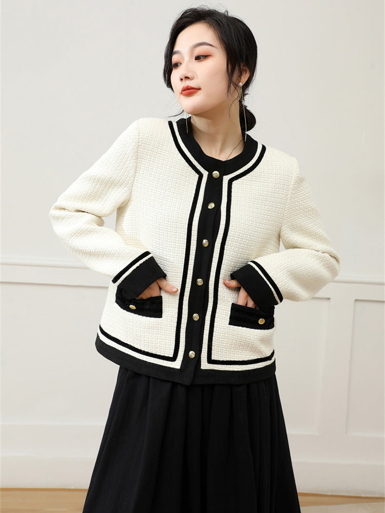 Women's Plaid Tweed Jacket Vintage Color Block Long Sleeve Outwear Tweed Coat