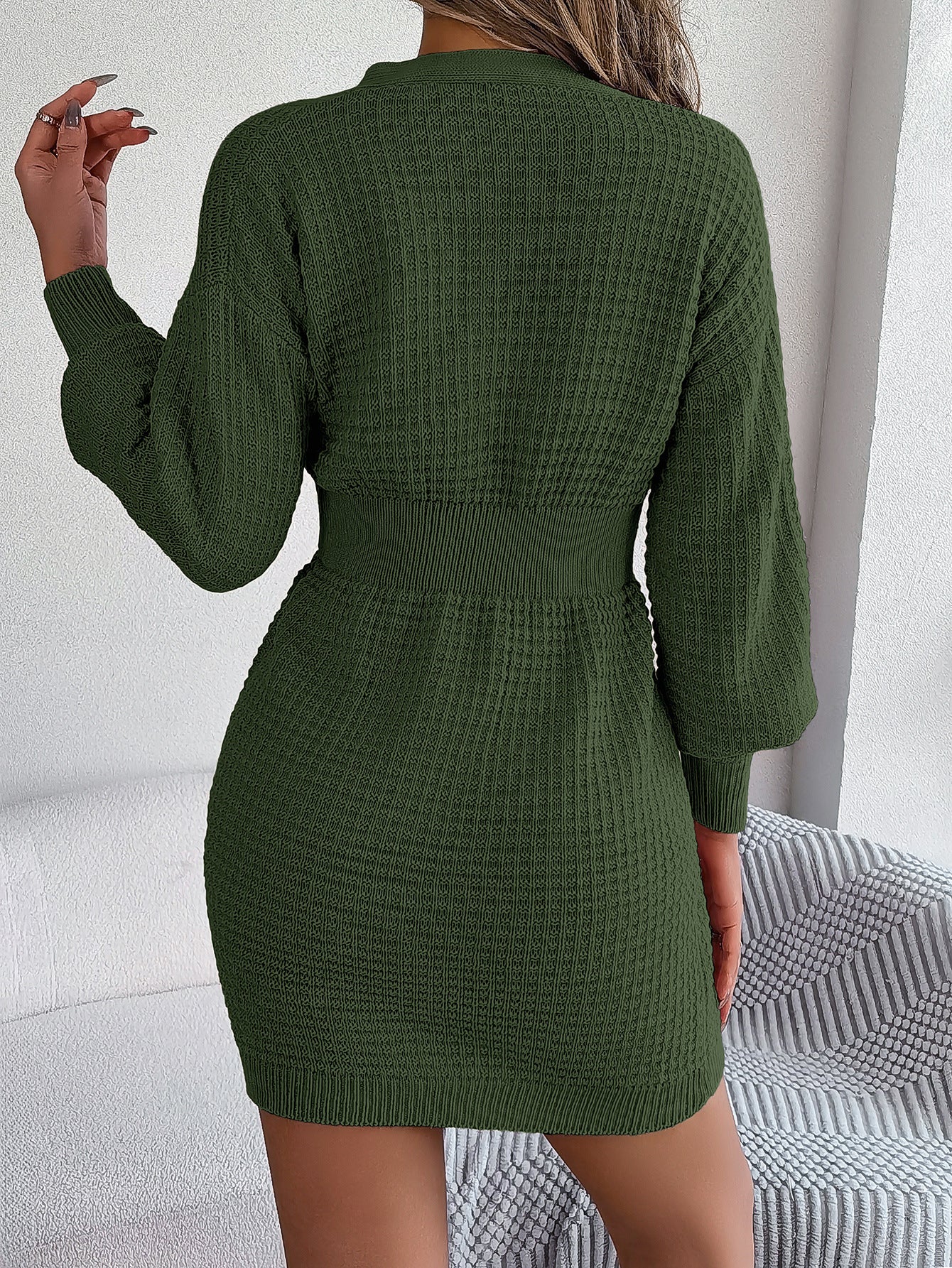 Waisted v-neck long sleeve sweater dress for women