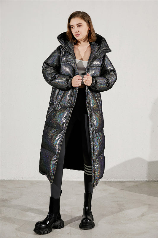 Black Women Down Jackets Down & Feather  Hooded Quilted Longline Puffer Coat