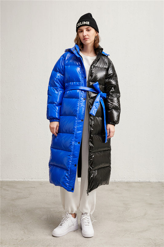 Drawstring Hood Black and Blue Longline Puffer Jacket 90% Down Coat for Women