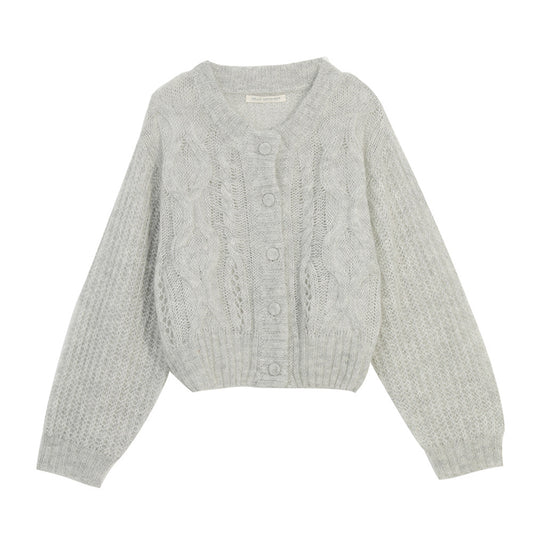 Mohair Wool Cable-knit Crew Neck Cardigan Sweater