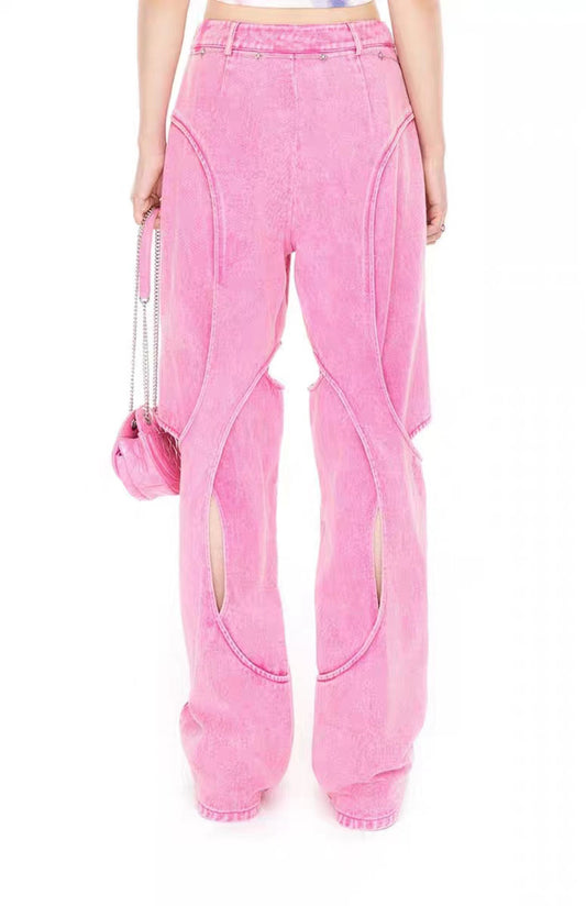PATON Hollow See-Through Pink Long Jeans