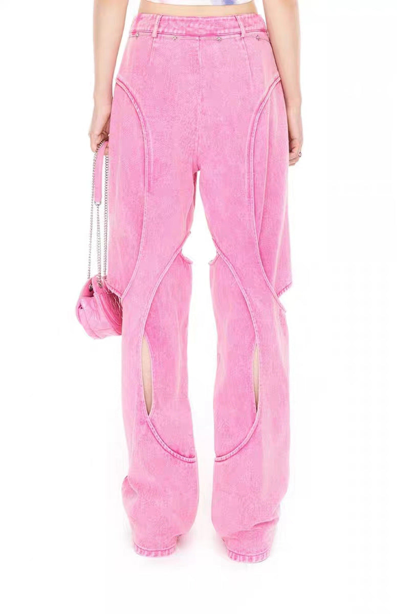 PATON Hollow See-Through Pink Long Jeans