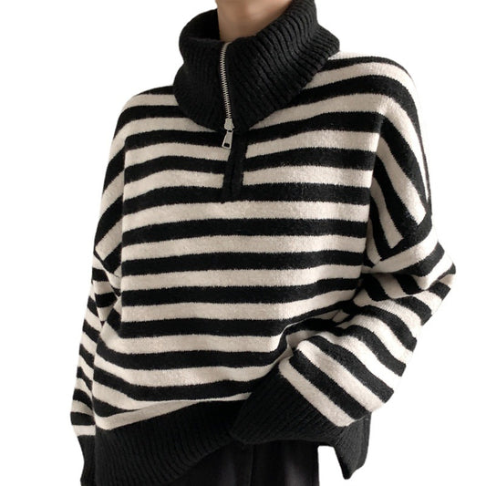 Half Zip Striped Knit Sweater Lapel Top