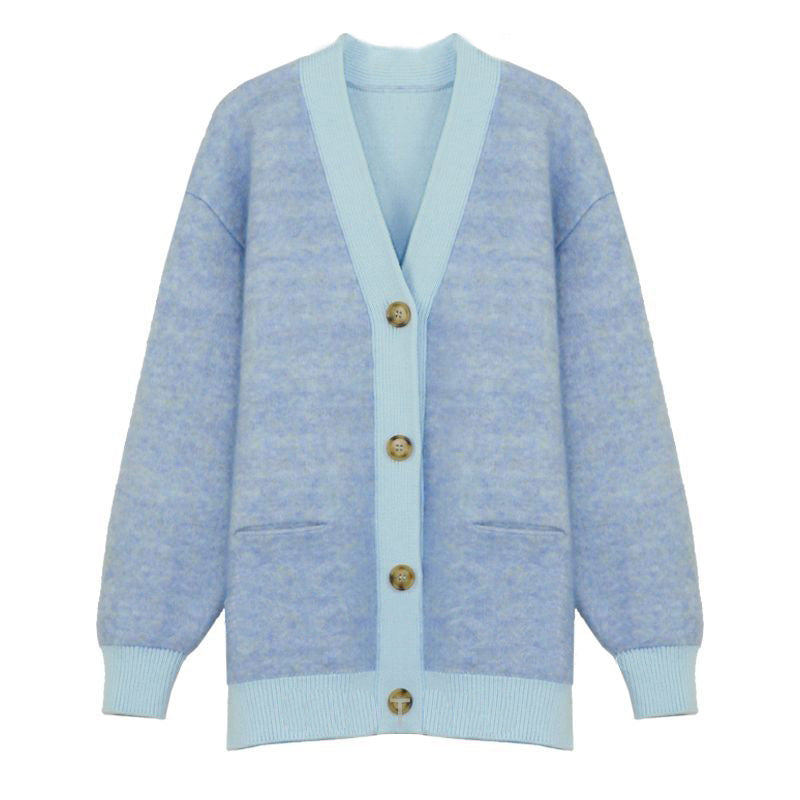 Mohair Loose Jacket Double Layer Knit Thread Patchwork V-Neck Sweater