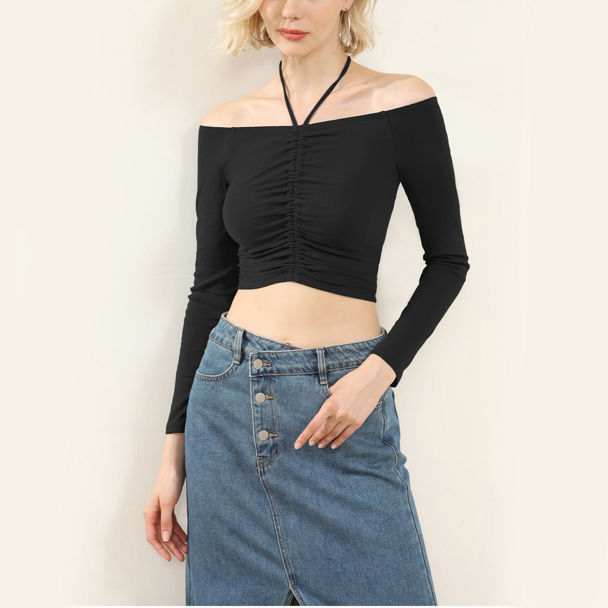 Women's  Long Sleeve Off Shoulder Halter Crop T Shirts Top