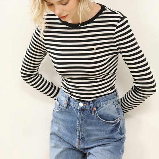 Striped Long Sleeve Navy Style T-Shirt Top for Women