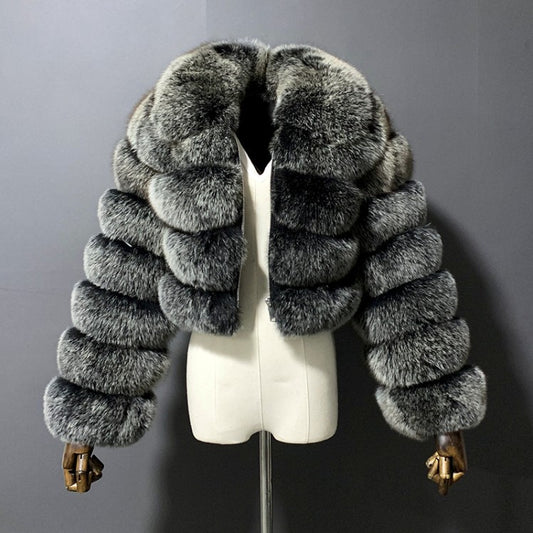 Faux Fox Fur Patchwork Short Lapel Long Sleeve Coat for women