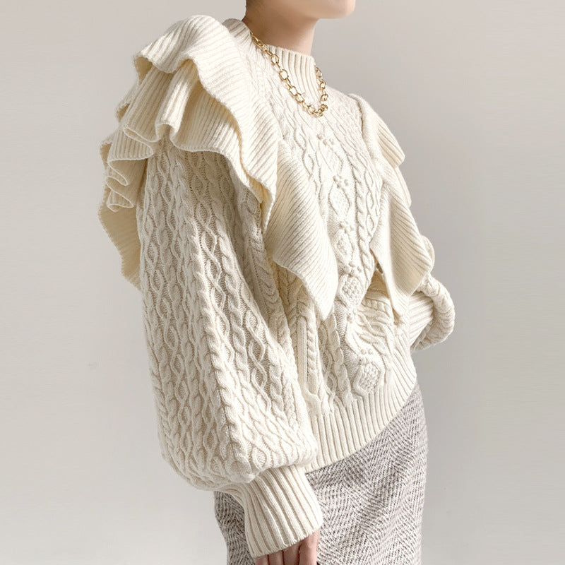 Vintage Ruffled Lantern Sleeve Sweater for Women
