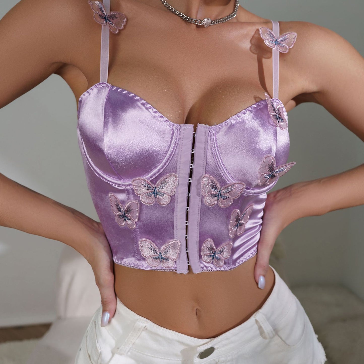 Butterfly Decor Lace Up Shapewear Top Corset Bra Vest