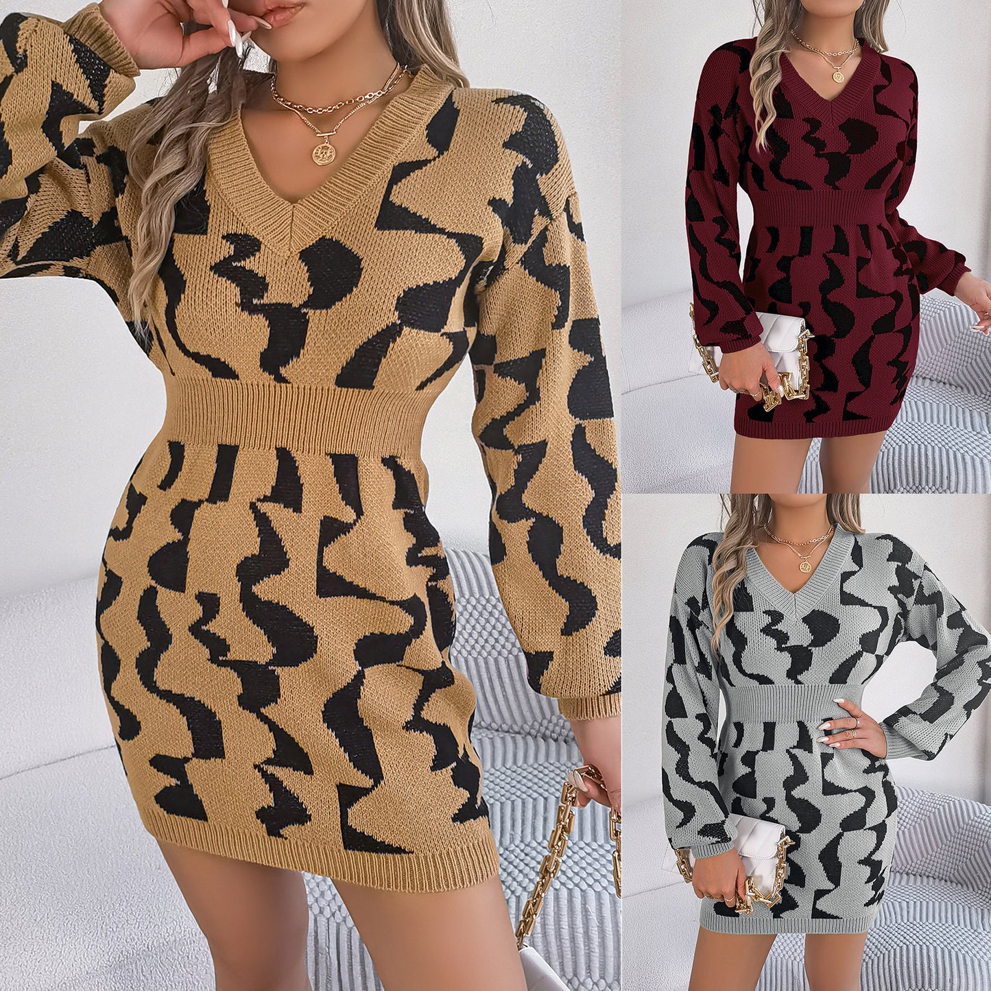 V-neck contrast color long-sleeved waist-hugging sweater dress