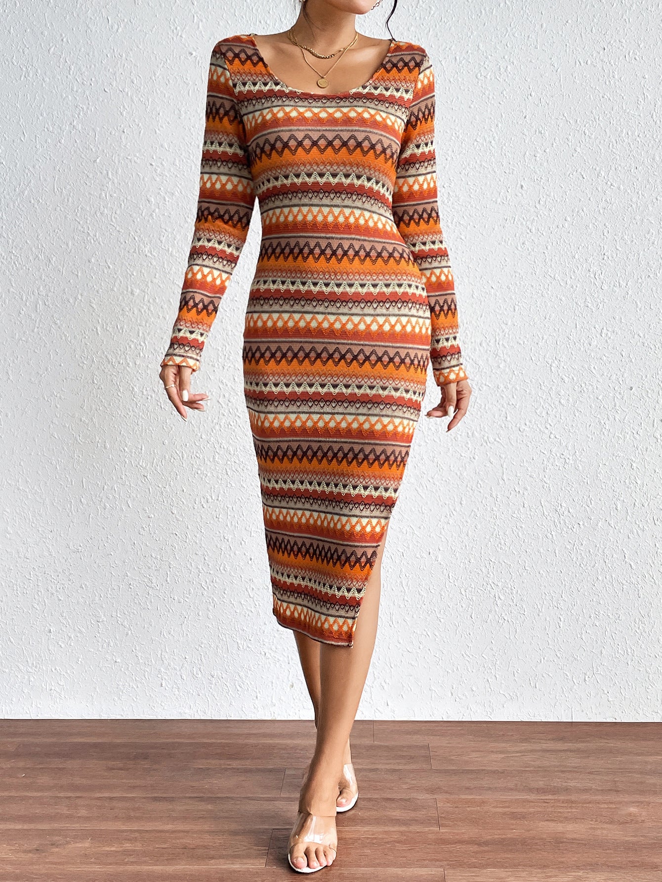 Women's Geometric Print Dress Square Neck Long Sleeve Slit Knitted Dresses