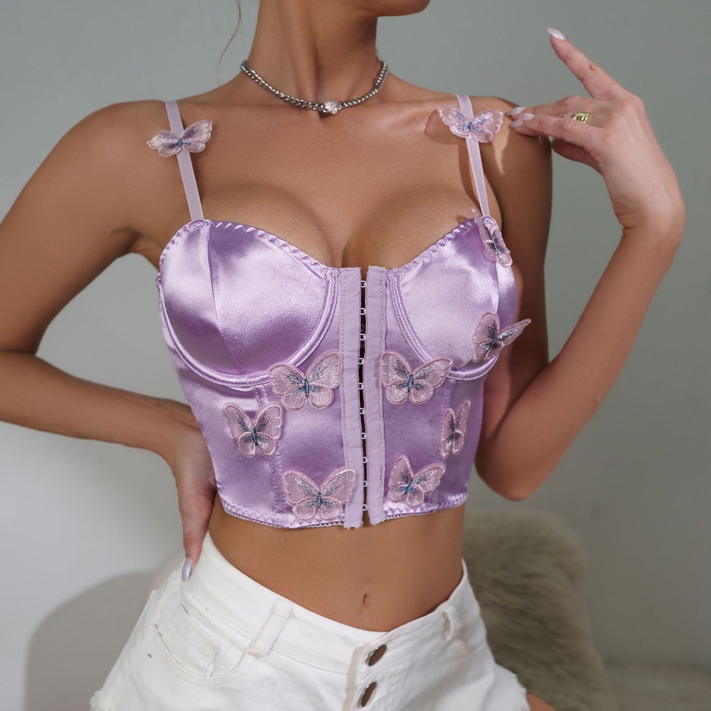 Butterfly Decor Lace Up Shapewear Top Corset Bra Vest