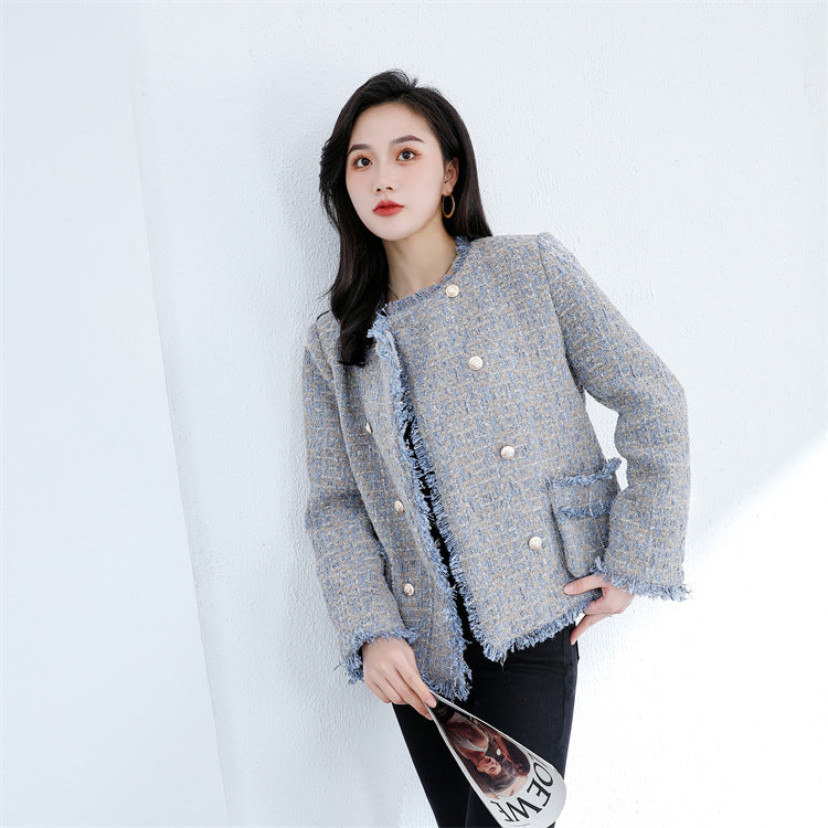 Blue retro woolen coat short temperament jacket