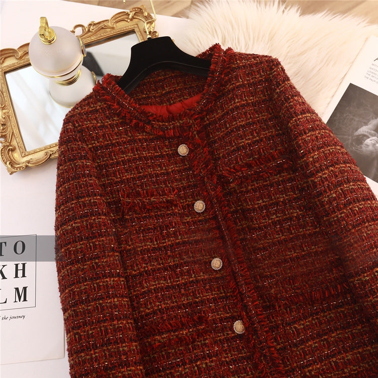 Burgundy Plaid Gilt Jacket Women's Tweed Braided Short Coat