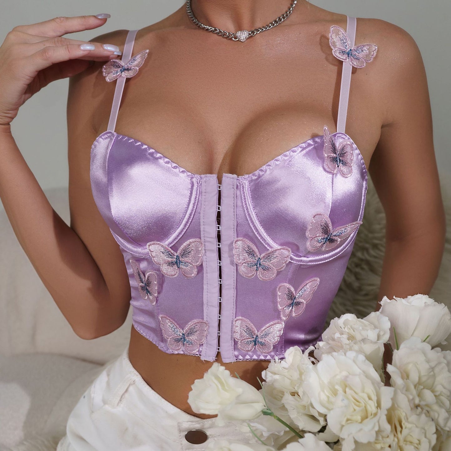 Butterfly Decor Lace Up Shapewear Top Corset Bra Vest