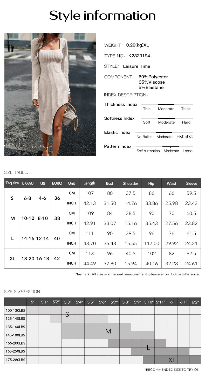 Elegant Square Neck Long Sleeve Slim Fit Dress Suitable for Date Parties