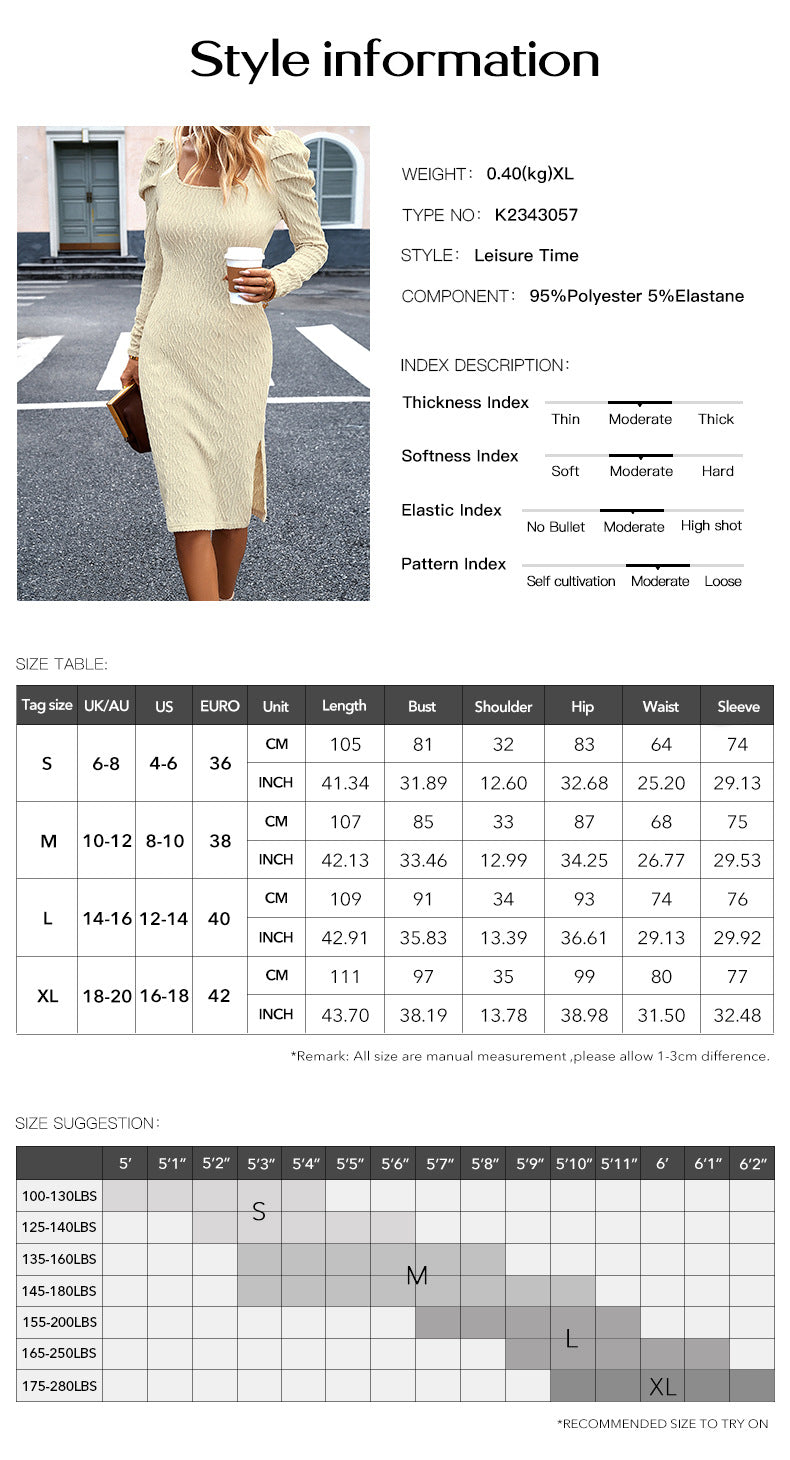 Solid Square Neck Puff Sleeve Women Dress