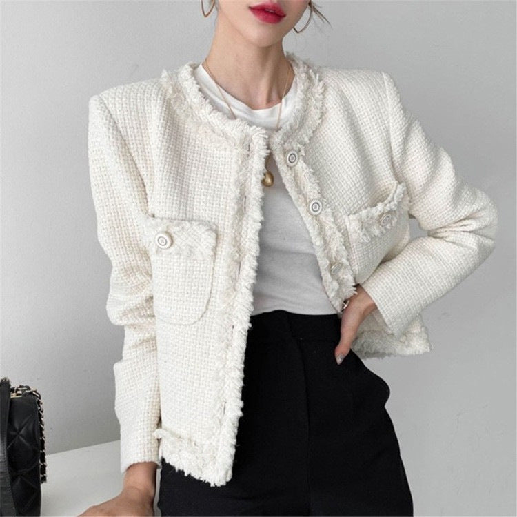 crew neck fringed tweed jacket black and white short cardigan